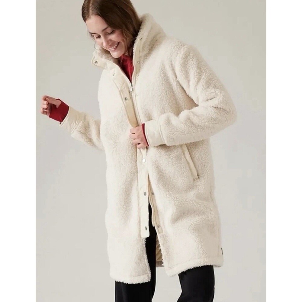 Athleta Fleece Hybrid Coat Women's Size Large Bone White Long Jacket 472872-00